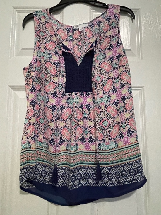 DR2 Tops - DR2 Pink Multi Patterned Sleeveless Camisole with Navy Crochet